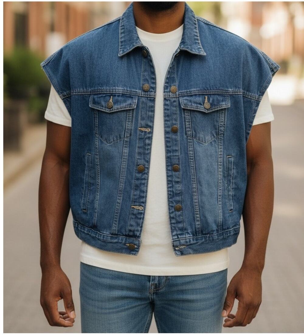 Men's Sleeveless Jean Jacket Vest Size Medium Denim Biker Trucker Button Sides